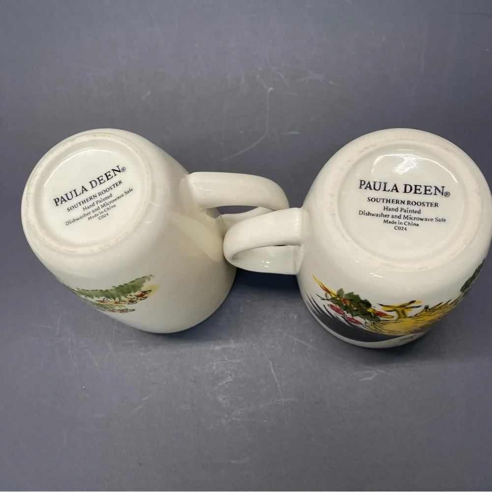Paula Dean Set of 2 Southern Rooster Coffee Tea Cups Mugs Hand Painted Farmhouse